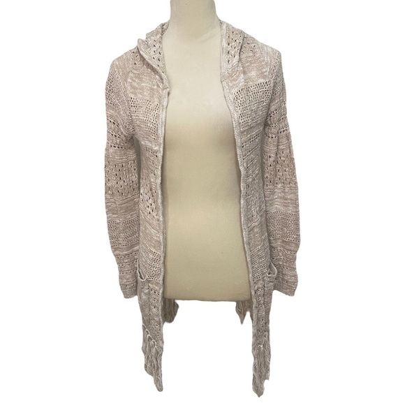 Mudd Open-Work Marled Birch Fringe Hoodie Cardigan Boho Crocheted Jacket Size M - Picture 3 of 7